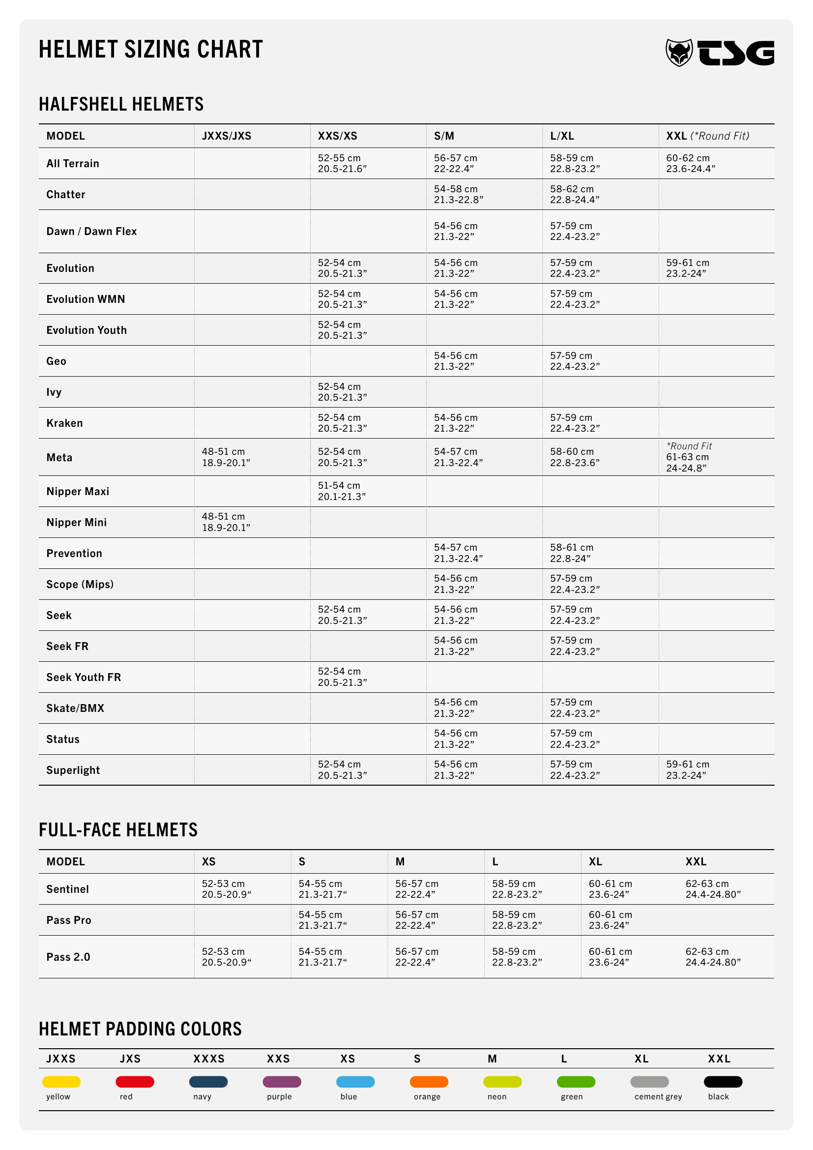 TSG Helmet Sizing