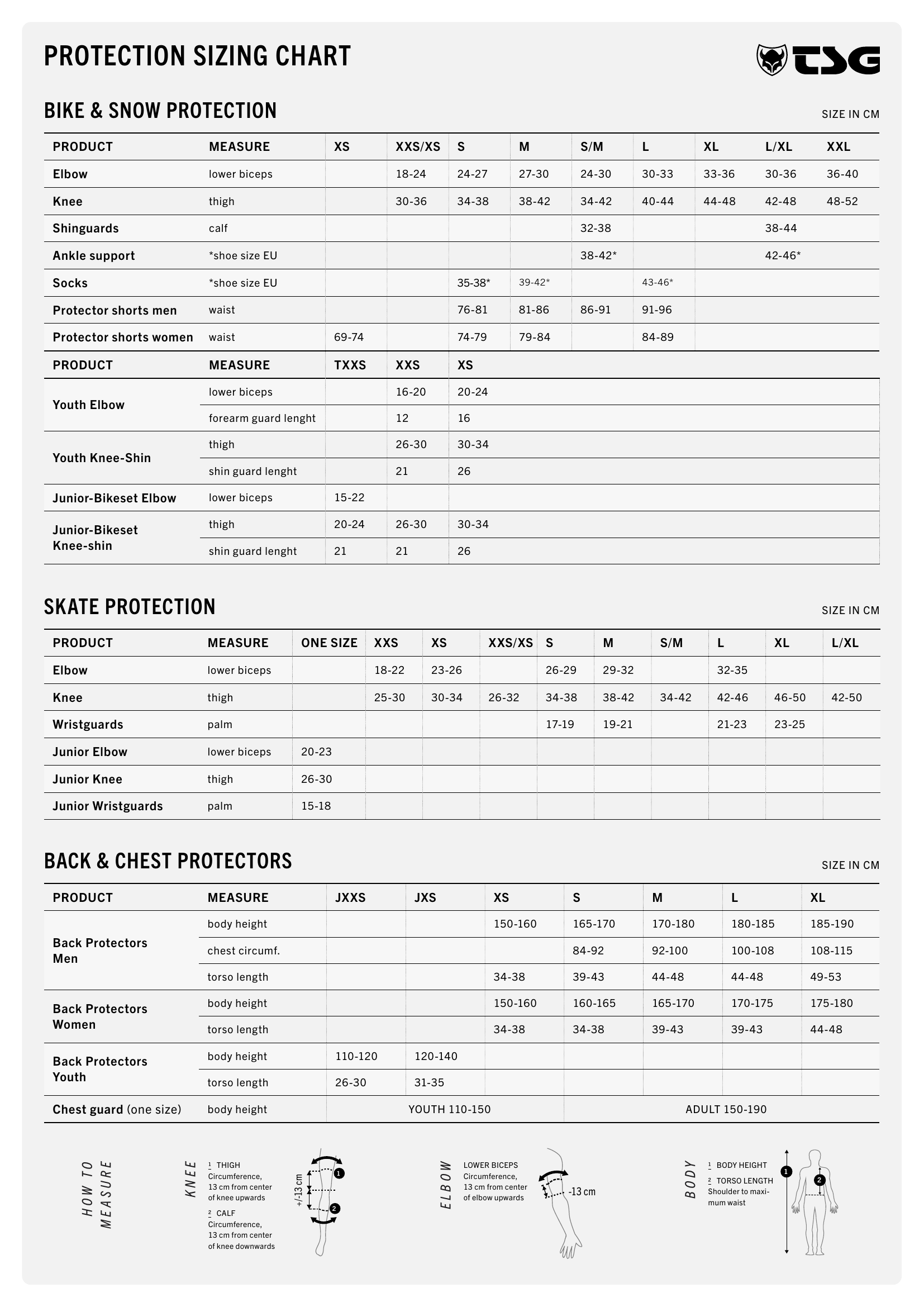 TSG Protection & Apparel Sizing